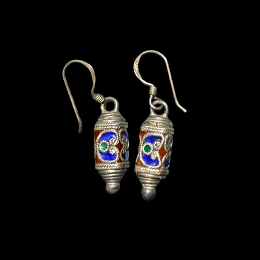 Vintage Berber Kabyle Silver Enamel Earrings Tibetan Tribal Scrolls Unique